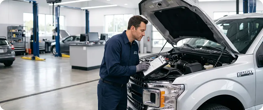 Technician inspecting the engine of a vehicle in the service bay
