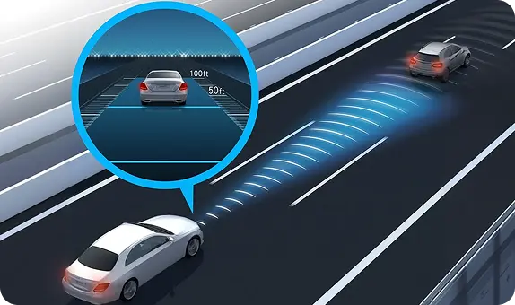 Illustration of DISTRONIC adaptive cruise control sensing vehicles ahead on a highway
