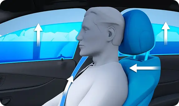 Illustration of PRE-SAFE occupant protection adjusting a seated passenger before impact