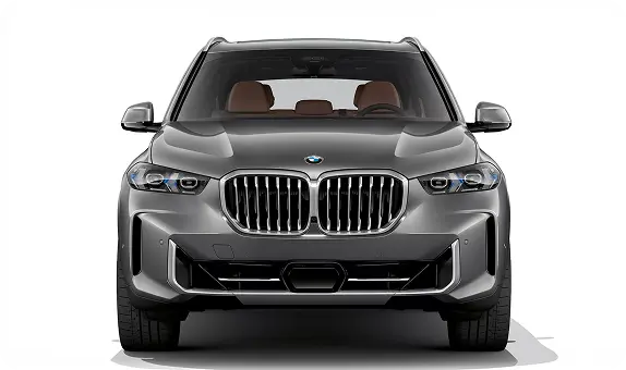 Front view of a gray BMW X5 showing LED headlights and the kidney grille