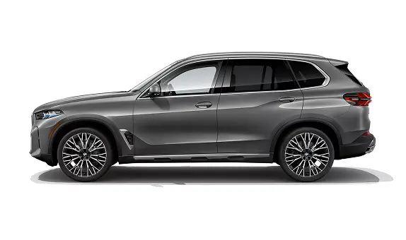 Side profile of a gray BMW X5 showing multi-spoke alloy wheels