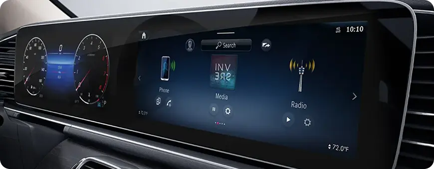 Mercedes-Benz dual 12.3-inch digital displays showing gauges and multimedia