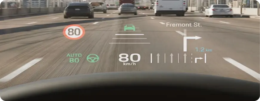 Augmented-reality head-up display showing speed and navigation through the windshield