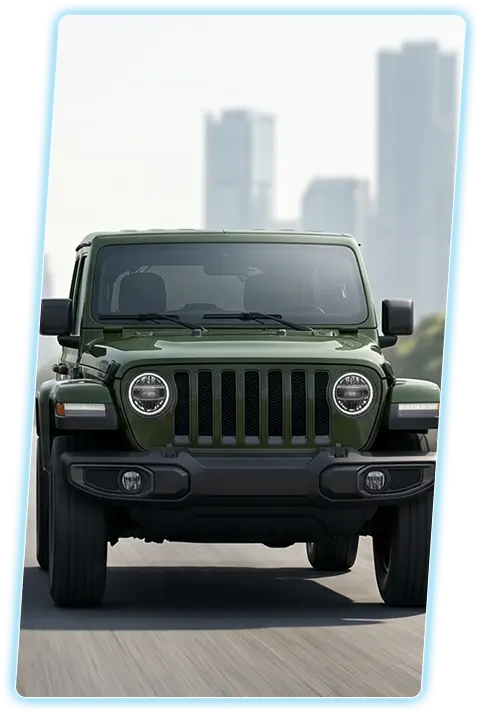 Green Jeep Wrangler front view against a city skyline