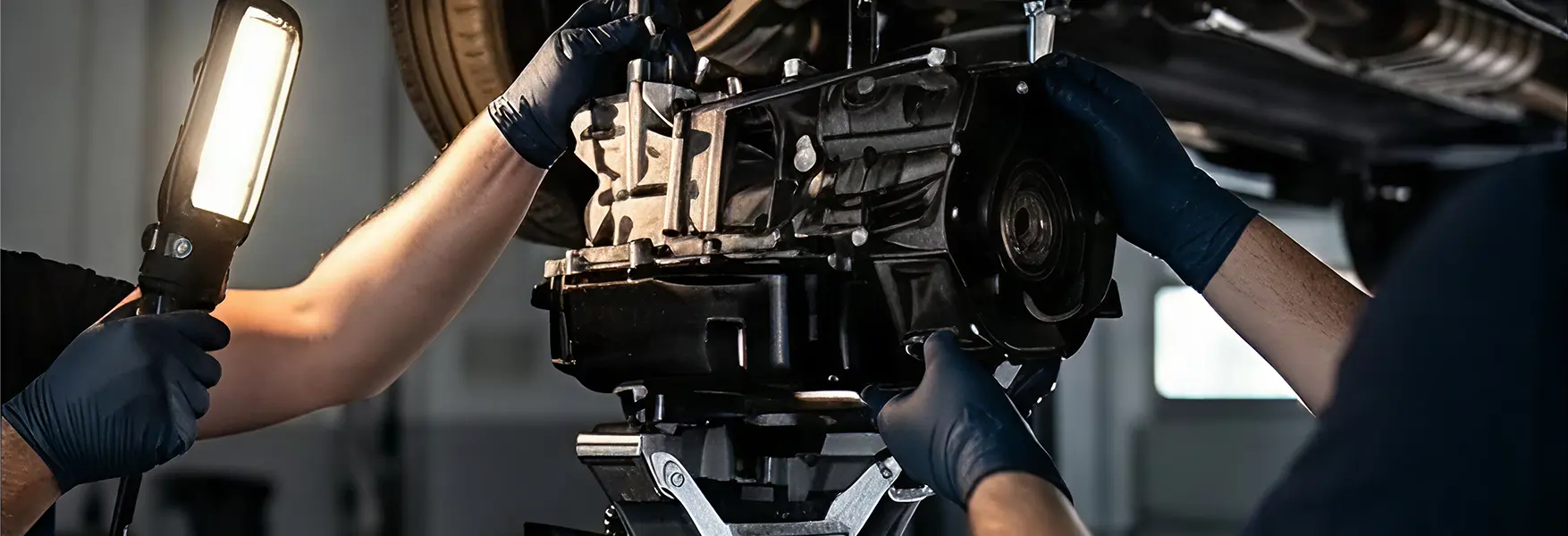 Two technicians removing a transmission from underneath a raised vehicle using a transmission jack