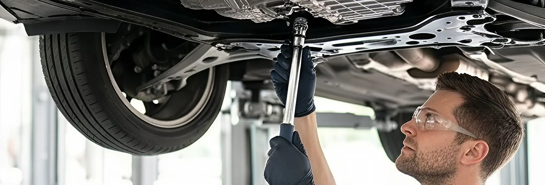 Technician in safety glasses servicing a vehicle's transmission from underneath on a lift