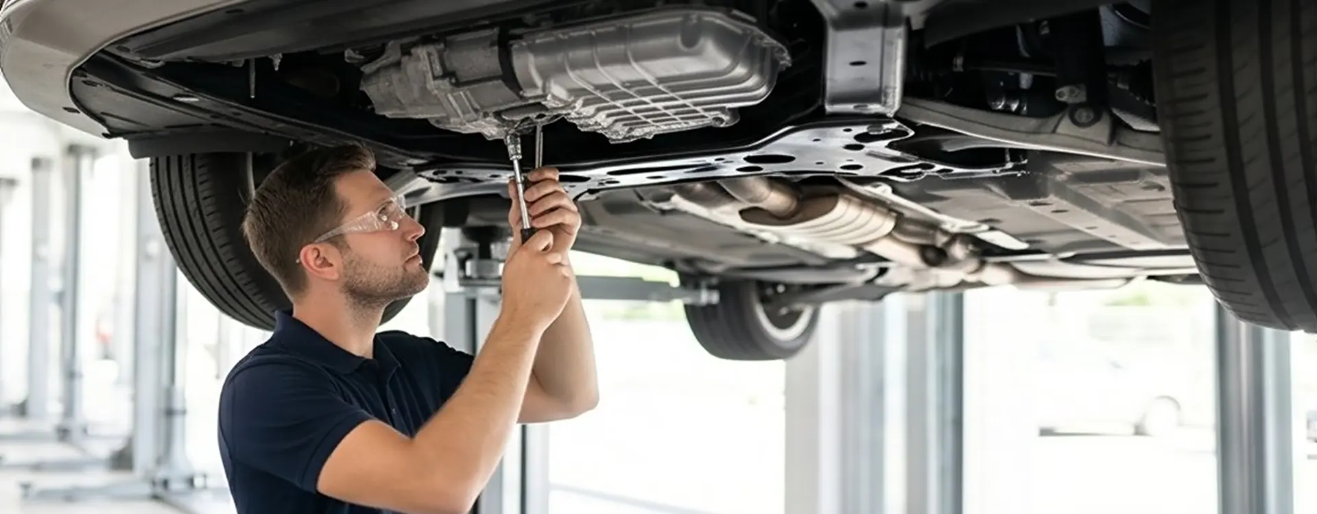 Certified Merit Auto Group technician inspecting a vehicle's transmission from underneath on a service lift
