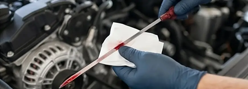 Gloved technician checking transmission fluid on a dipstick in a vehicle's engine bay