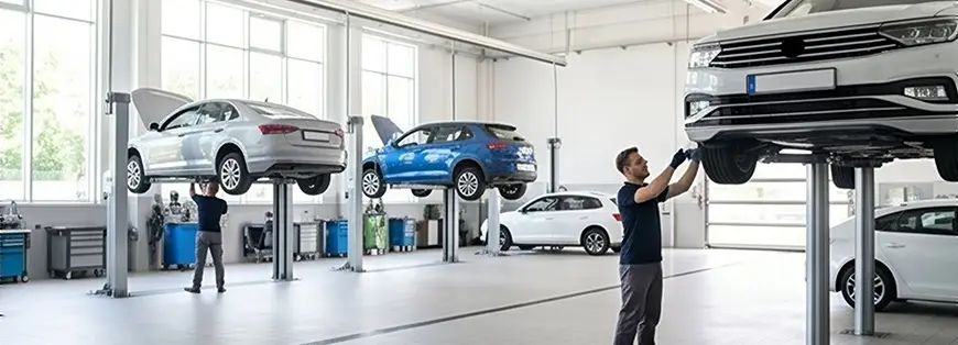 Vehicles raised on lifts while technicians work in the Merit Auto Group service bay