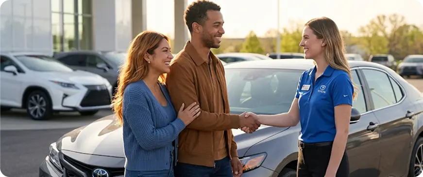 Salesperson shaking hands with happy customers beside a Toyota at the dealership