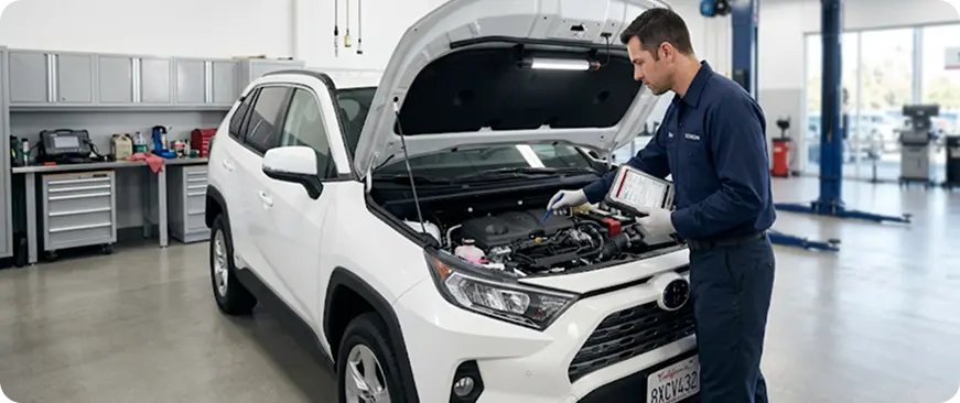 Technician inspecting a Toyota in the service bay
