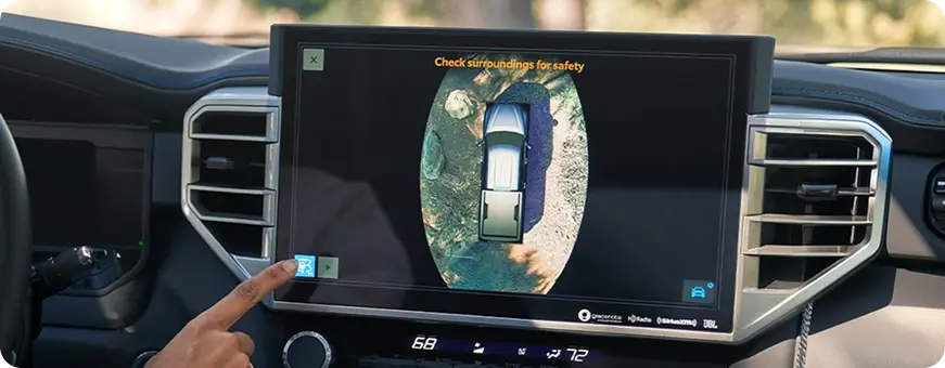 Toyota Tundra touchscreen showing the Panoramic View Monitor 360-degree camera view