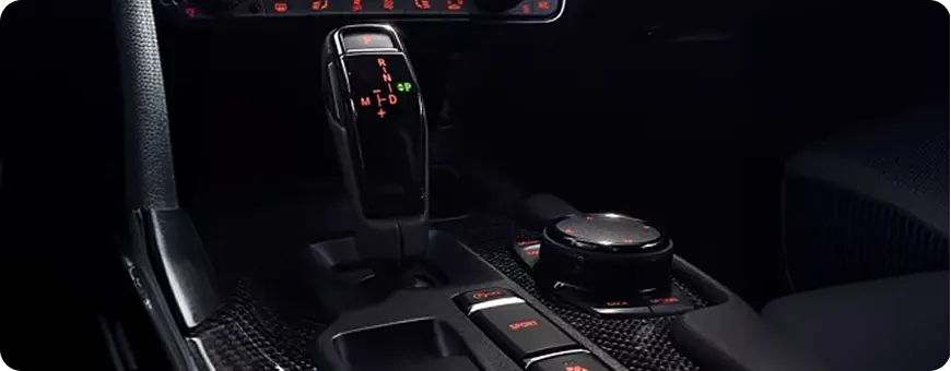 Close-up of the Toyota GR Supra shifter and Supra Command controls