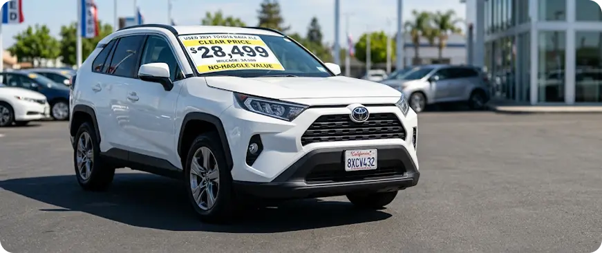 Used Toyota with a wholesale price window sticker in the Merit Auto Group lot