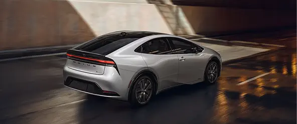 Silver Toyota Prius Prime, rear three-quarter view