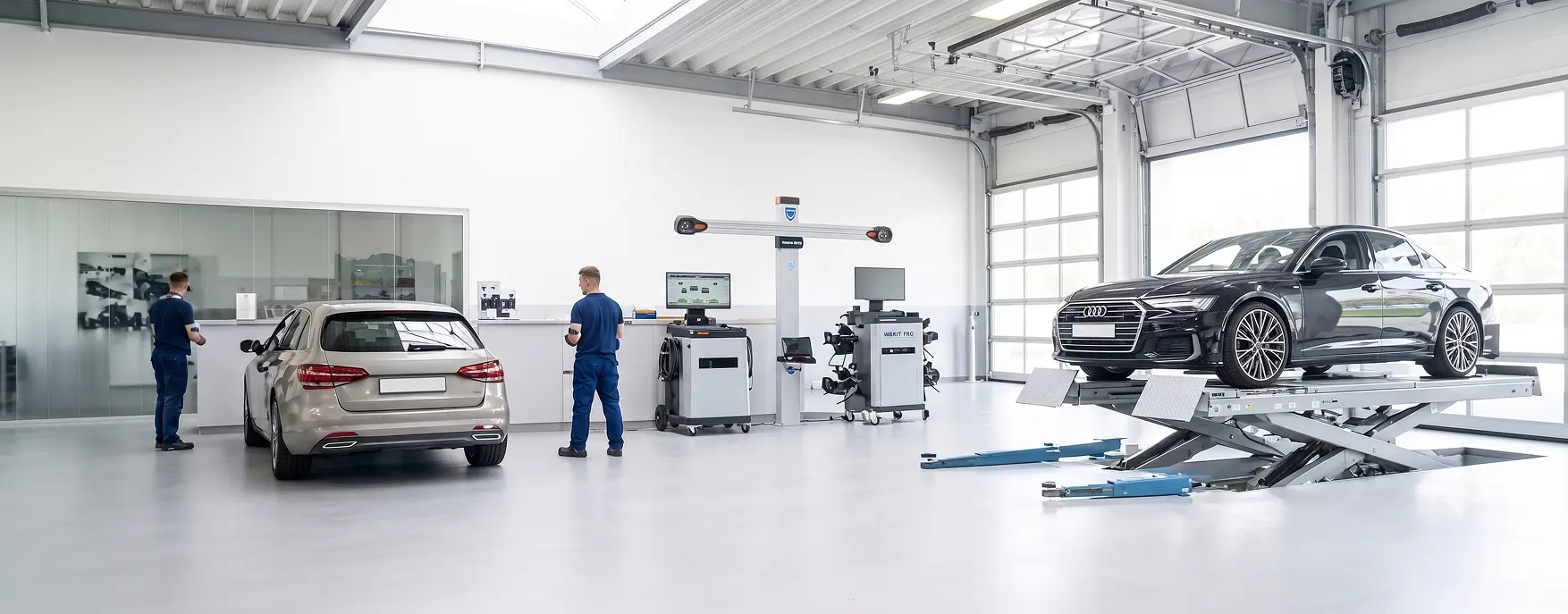 Vehicles on a wheel alignment rack with alignment equipment in the Merit Auto Group service bay