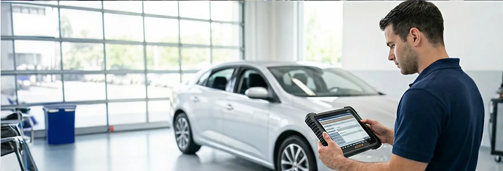 Technician using a diagnostic tablet beside a vehicle in the Merit Auto Group service bay