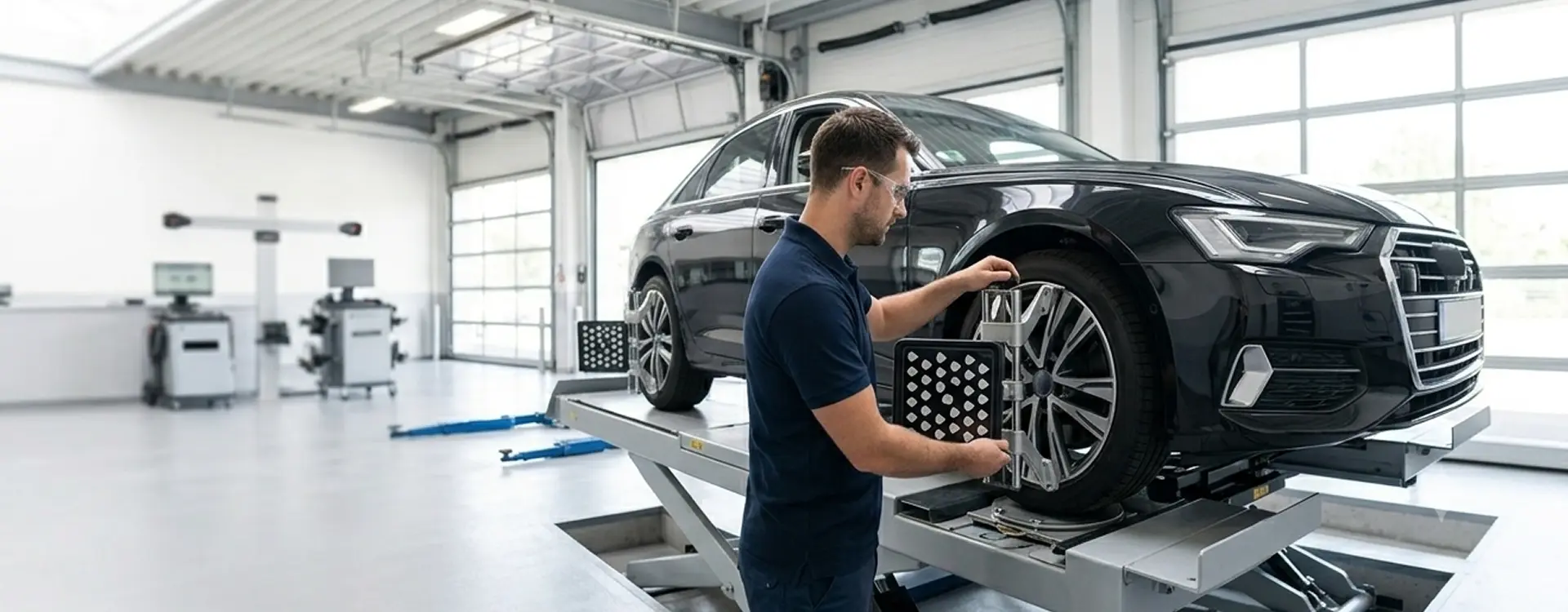 Certified Merit Auto Group technician servicing a vehicle's wheel in a bright service bay
