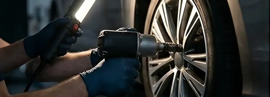 Gloved technician using an impact wrench on an alloy wheel under a work light