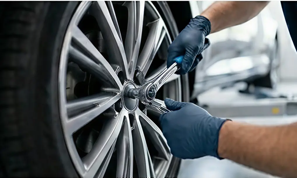 Gloved technician loosening the lug nuts on an alloy wheel during a tire rotation