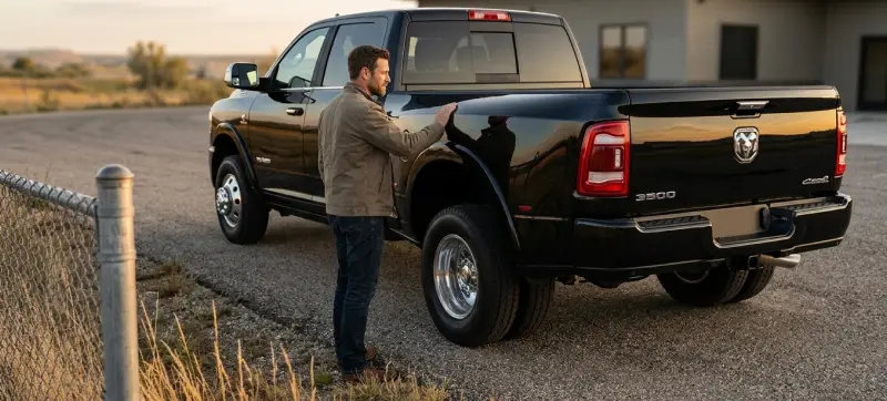 Man inspecting the bed of a black Ram 3500 heavy-duty truck parked on a rural driveway