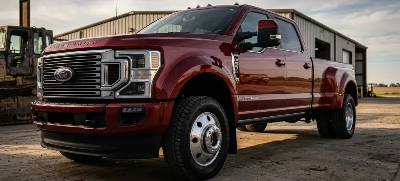 Maroon Ford Super Duty diesel truck parked in front of a metal barn