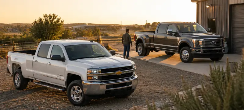 White Chevrolet Silverado HD and dark Ford Super Duty parked side by side at sunset