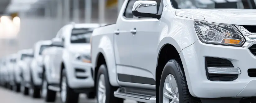 Row of diesel pickup trucks in North Texas Truck Stop inventory