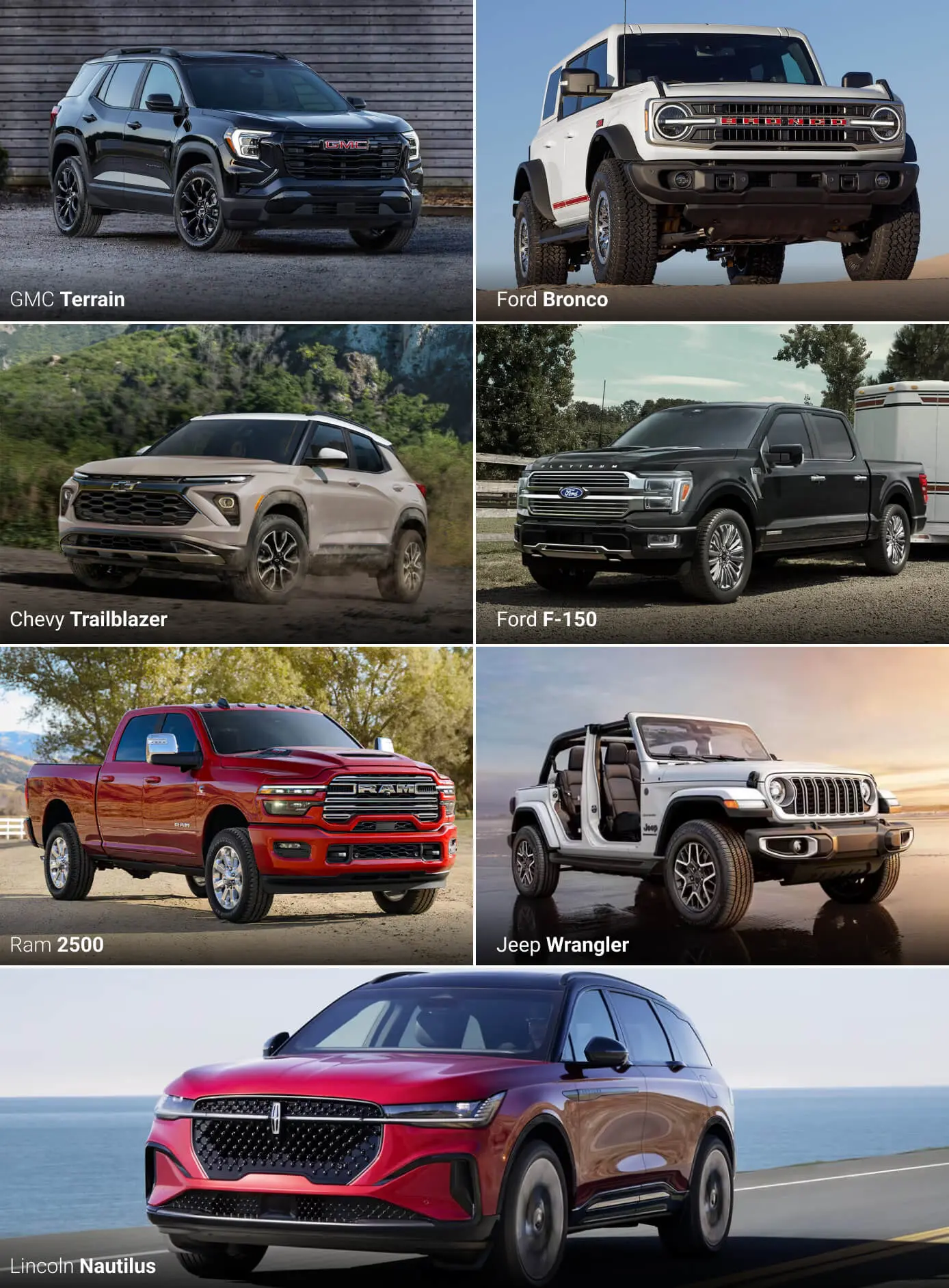 Collage of popular SUVs and trucks including GMC Terrain, Ford Bronco, Chevy Trailblazer, Ford F-150, Ram 2500, Jeep Wrangler, and Lincoln Nautilus