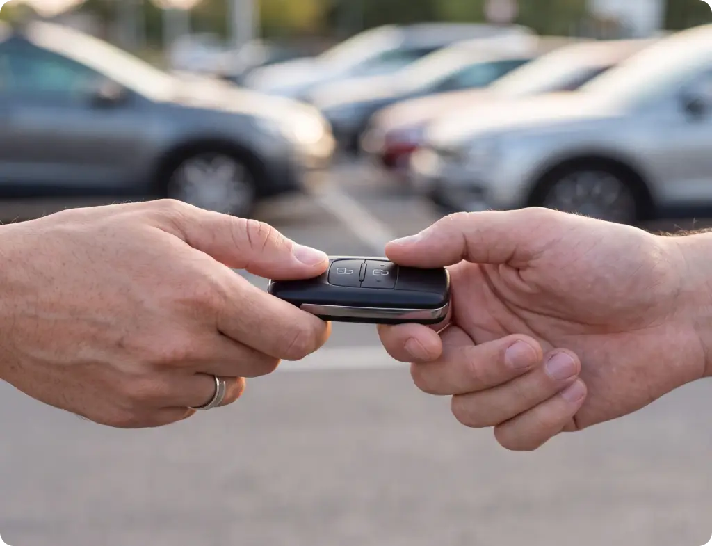 Sales team assisting customers at Auto Trendz used car dealership in Oswego, IL