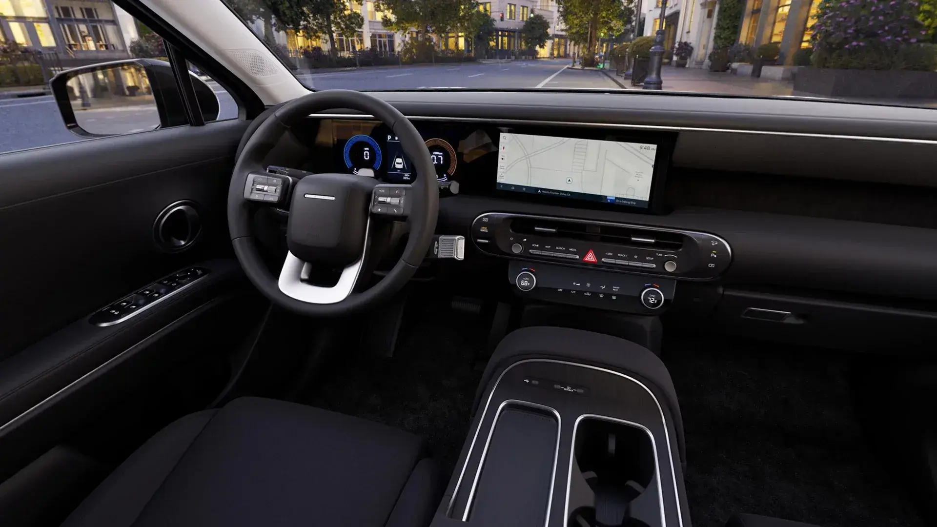 2027 Hyundai Palisade dashboard, steering wheel and 12.3-inch touchscreen seen from the back seat