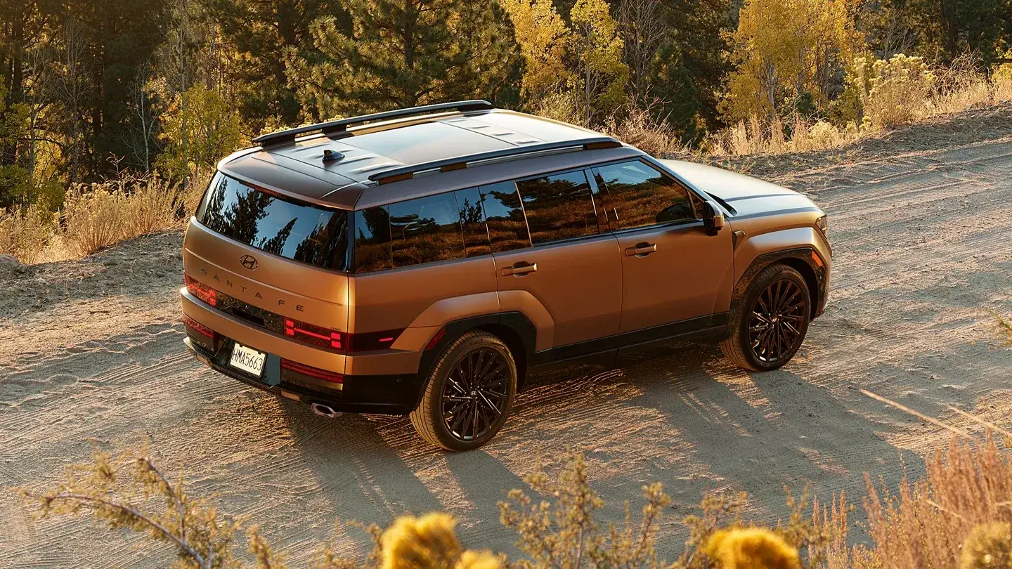 Bronze Hyundai Santa Fe driving on a dirt road through autumn trees, aerial view