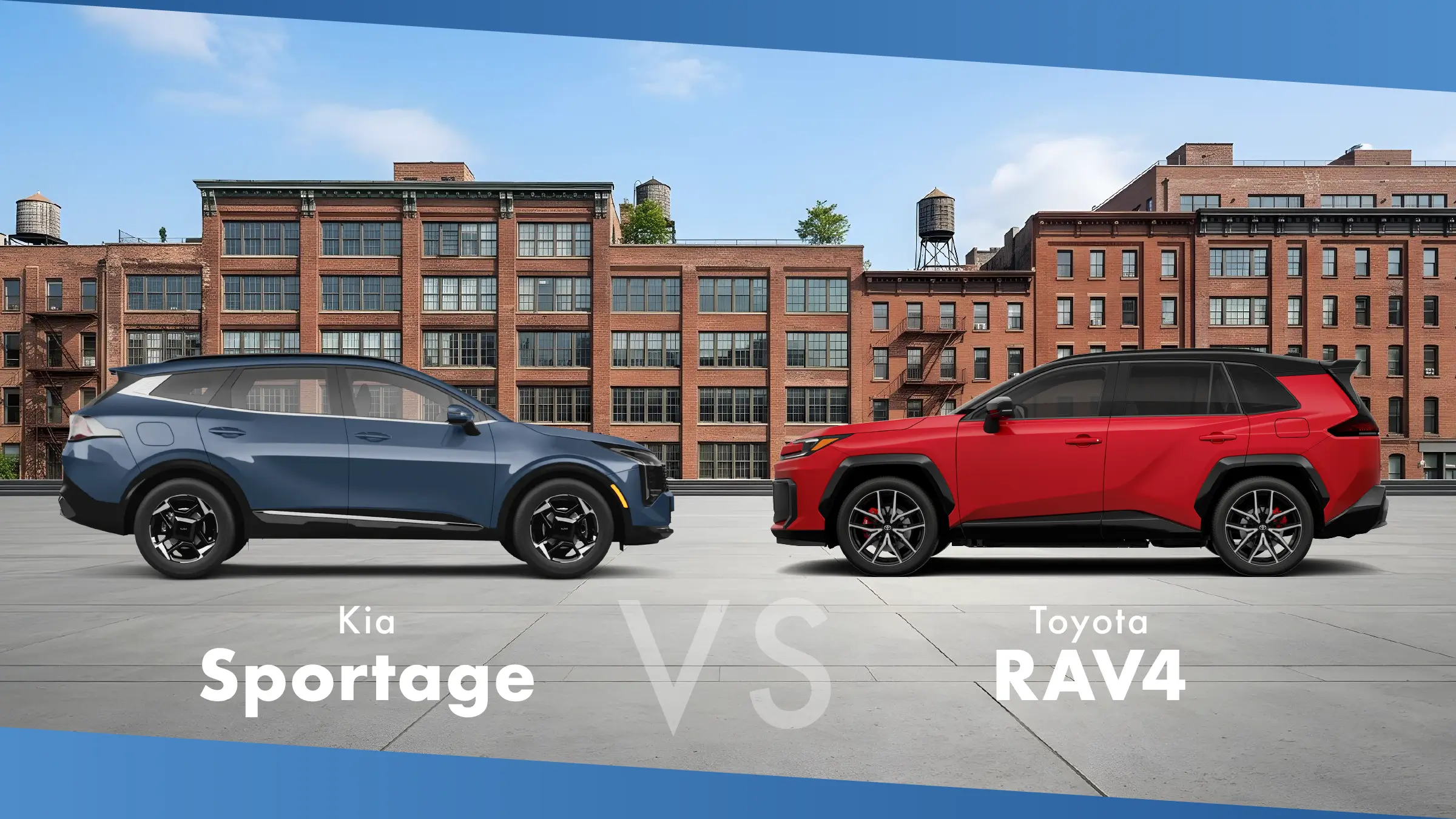 Blue 2027 Kia Sportage and red 2026 Toyota RAV4 parked in front of brick buildings