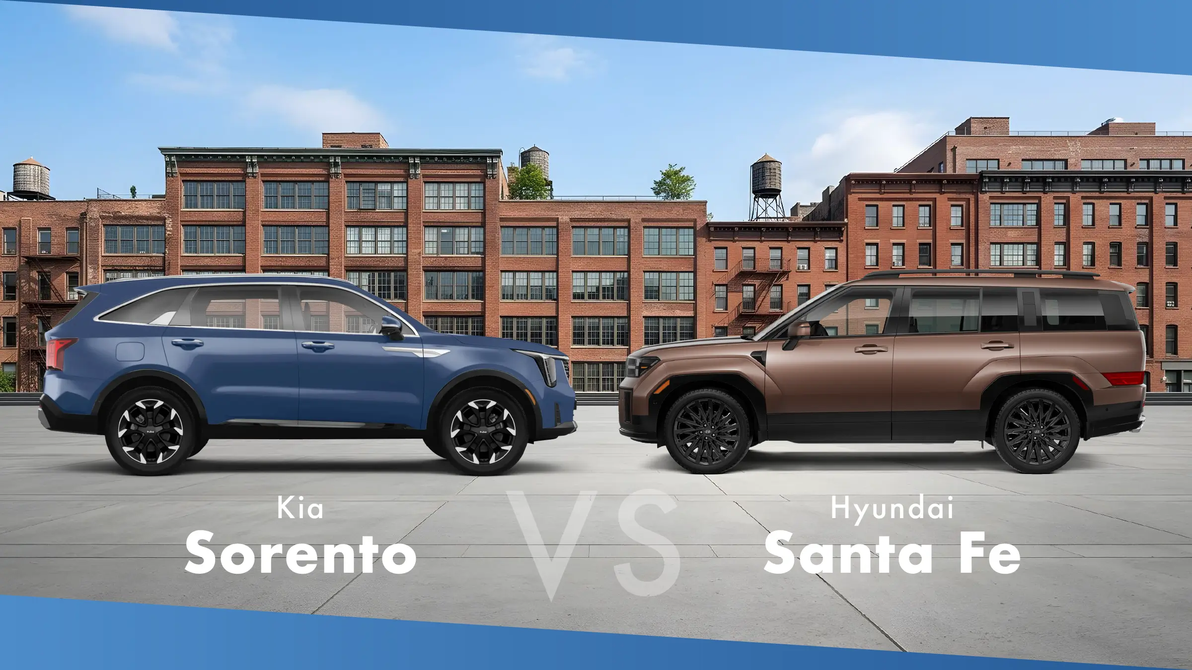 Blue Kia Sorento and bronze Hyundai Santa Fe parked in front of brick buildings