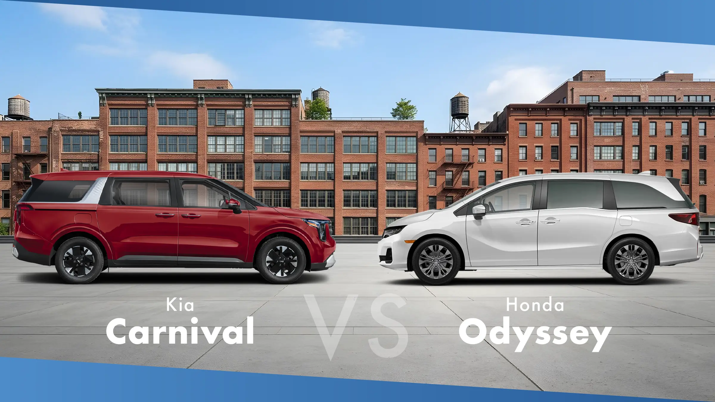 Red 2027 Kia Carnival and white 2027 Honda Odyssey minivans parked in front of brick buildings