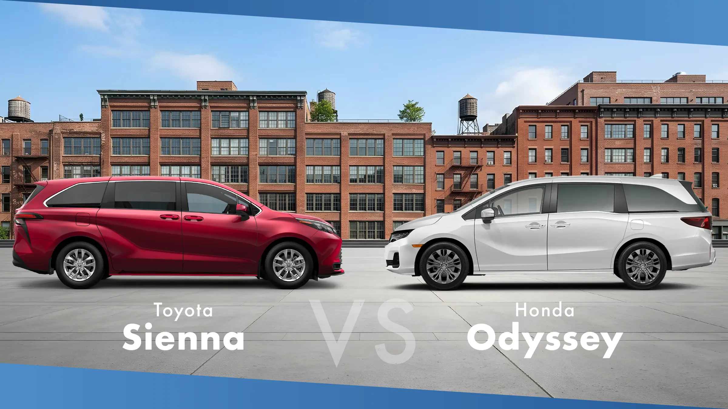 Red 2026 Toyota Sienna and white 2027 Honda Odyssey minivans parked in front of brick buildings