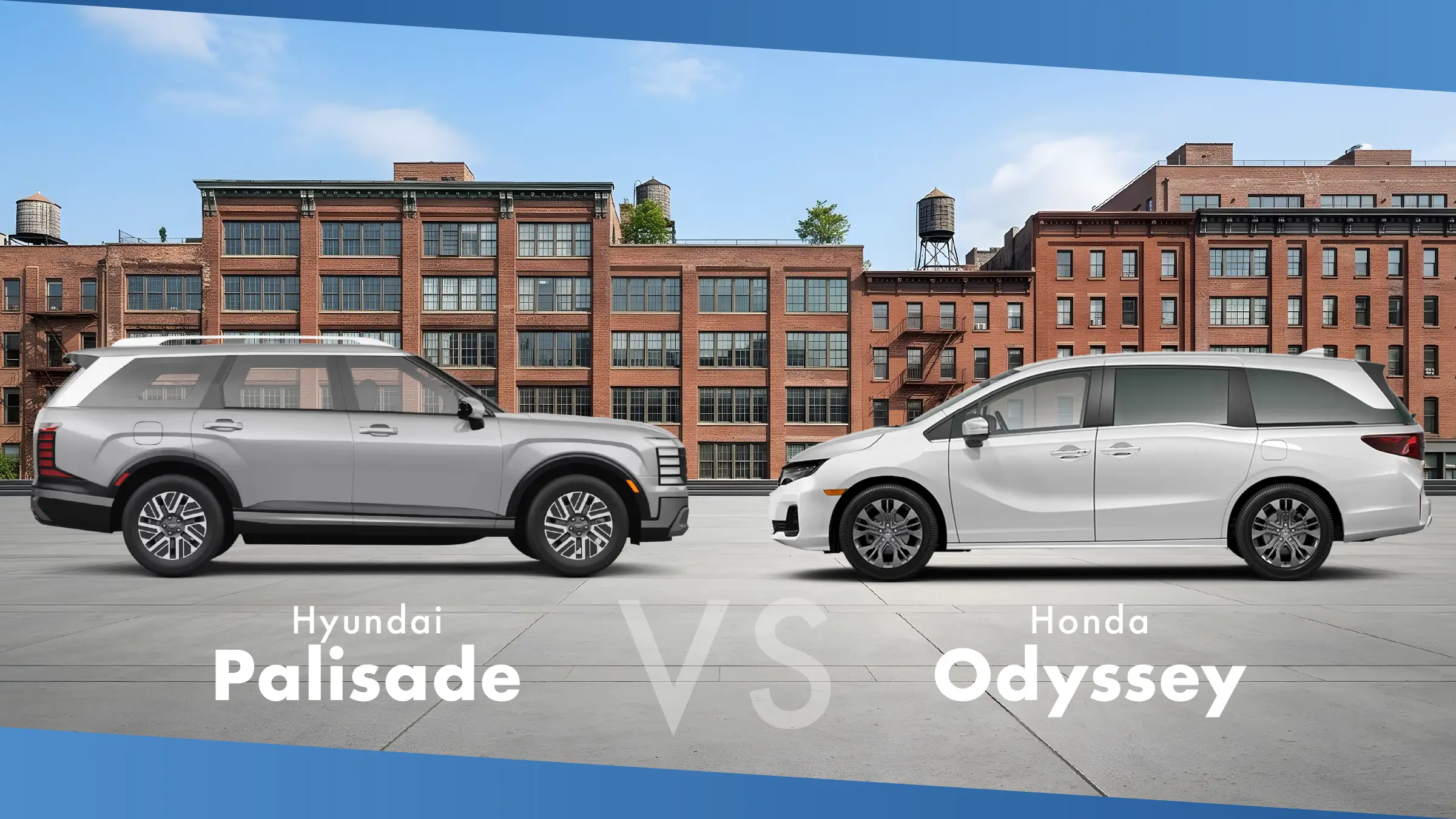 Silver 2027 Hyundai Palisade and white 2027 Honda Odyssey parked in front of brick buildings