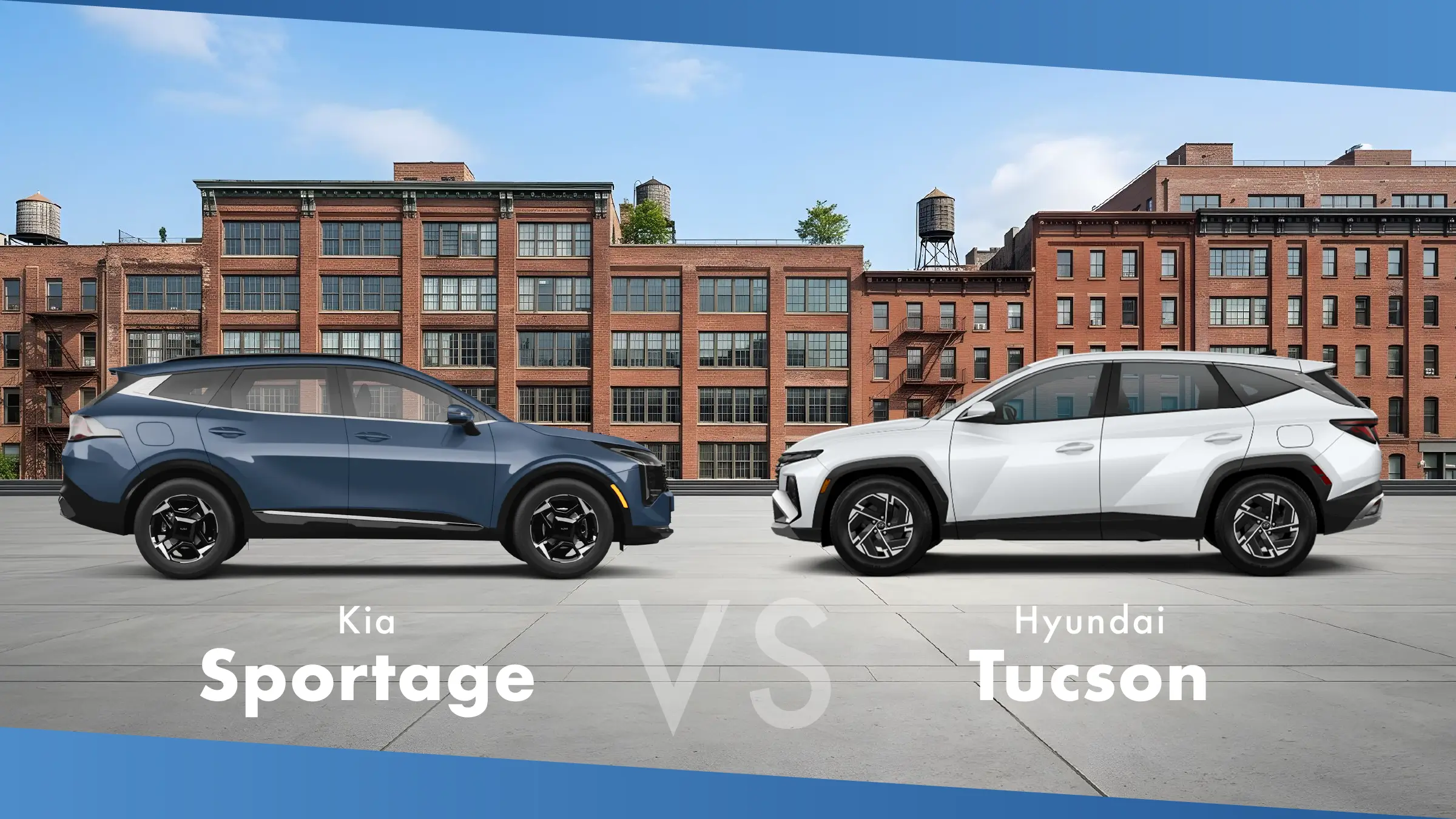 Blue 2027 Kia Sportage and white 2026 Hyundai Tucson parked in front of brick buildings
