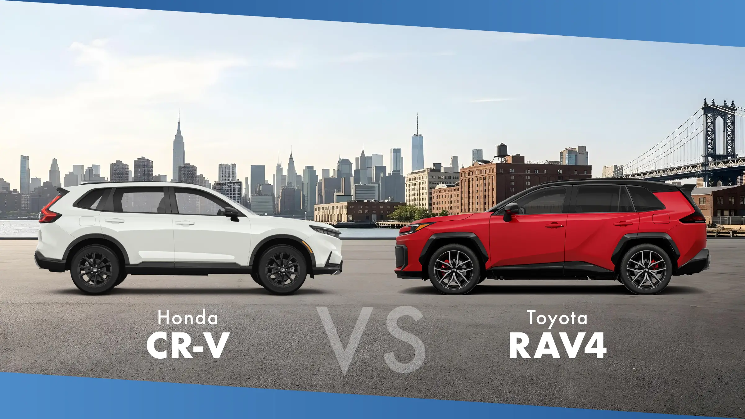 White 2027 Honda CR-V and red 2026 Toyota RAV4 against the New York City skyline