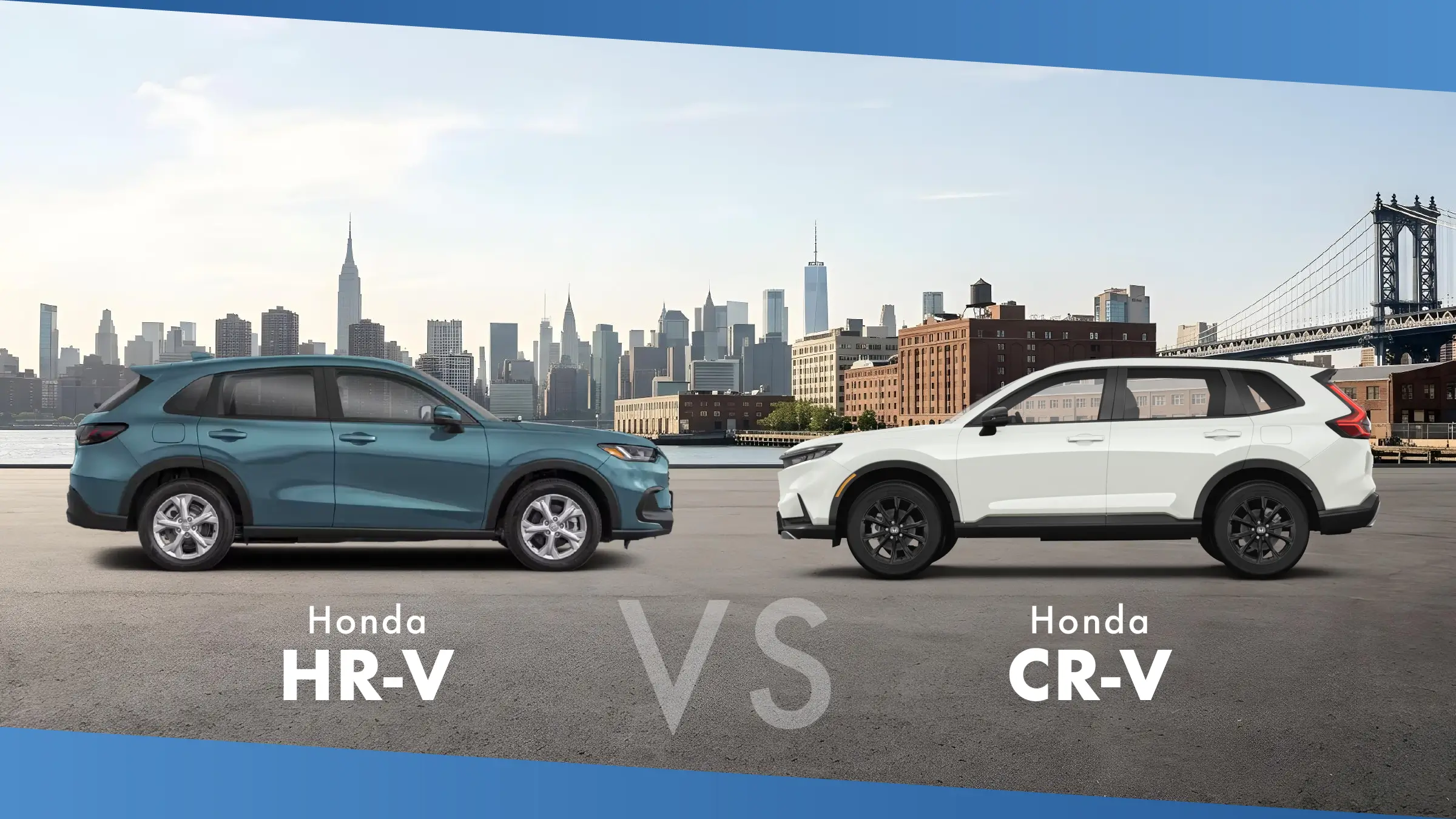 2027 Honda HR-V and white 2027 Honda CR-V facing each other before the Manhattan skyline