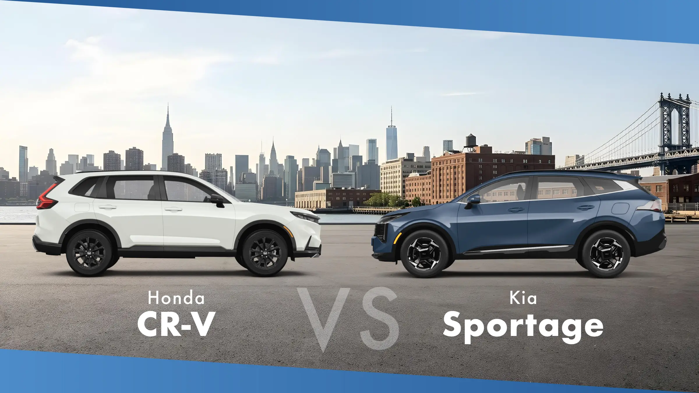 White 2027 Honda CR-V and blue 2027 Kia Sportage facing each other before the Manhattan skyline