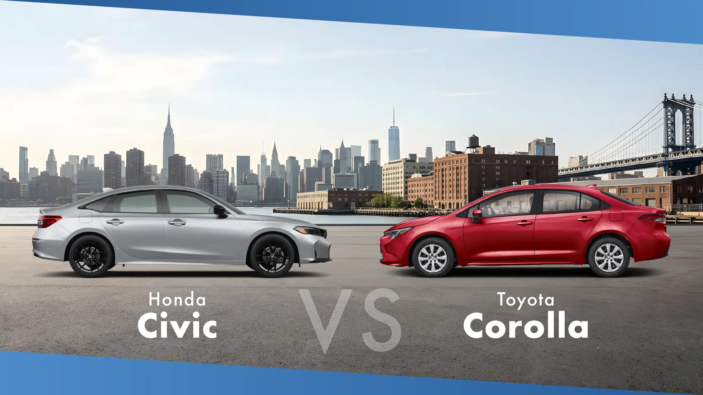 Silver Honda Civic and red Toyota Corolla facing each other with the Manhattan skyline behind