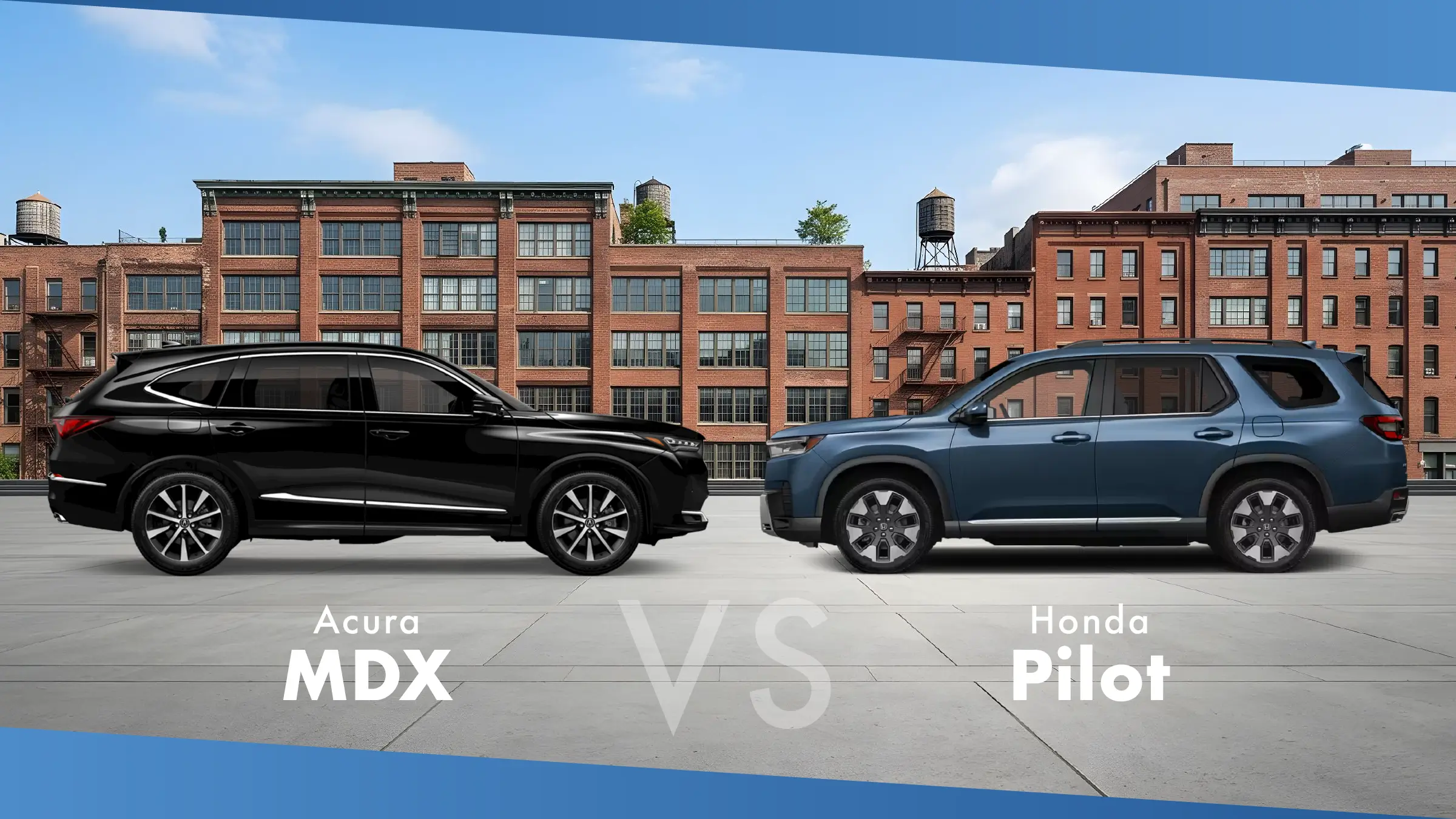 Black Acura MDX and blue Honda Pilot facing each other in front of brick warehouse buildings