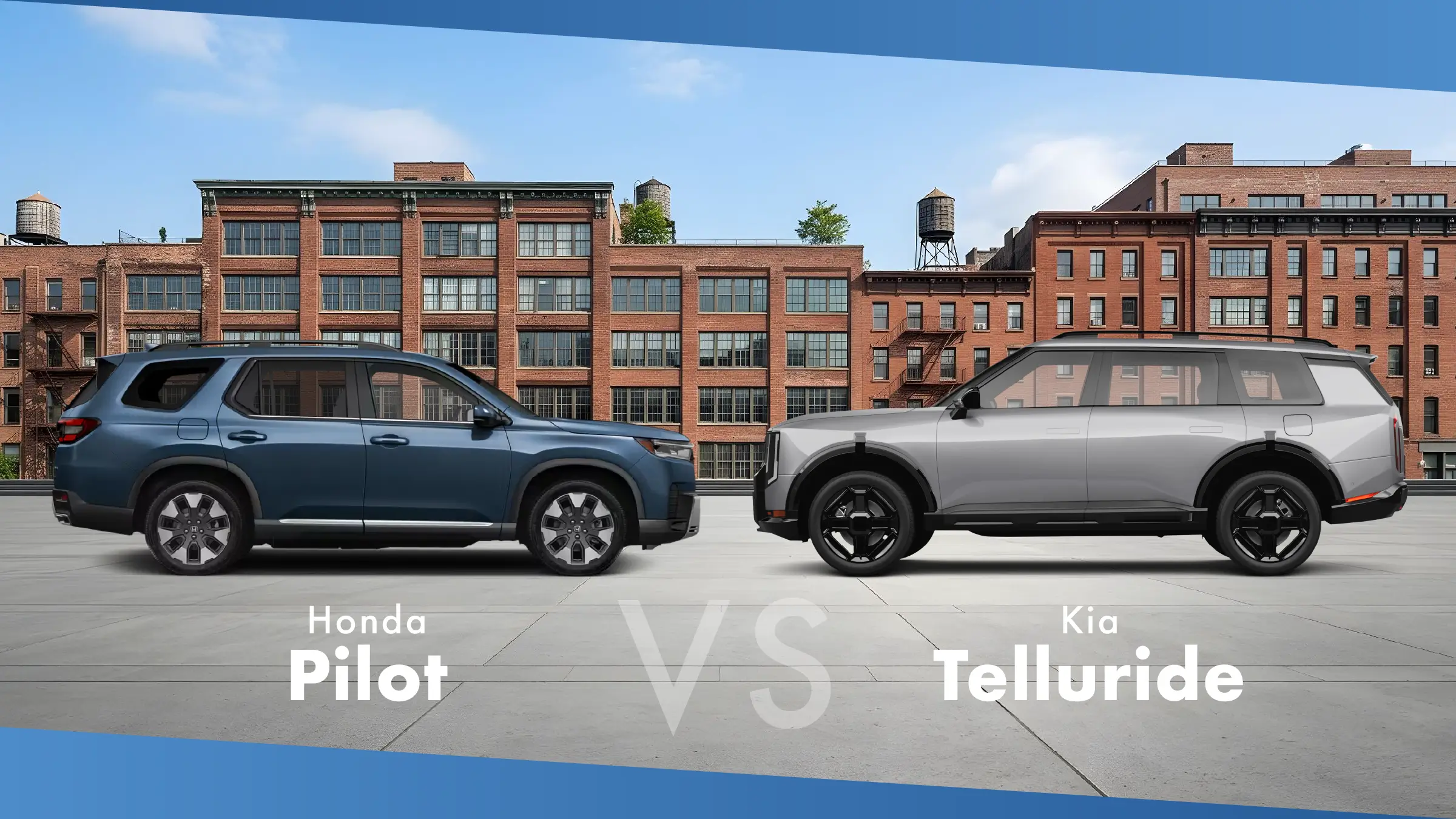 Blue Honda Pilot and silver Kia Telluride facing each other in front of brick warehouse buildings