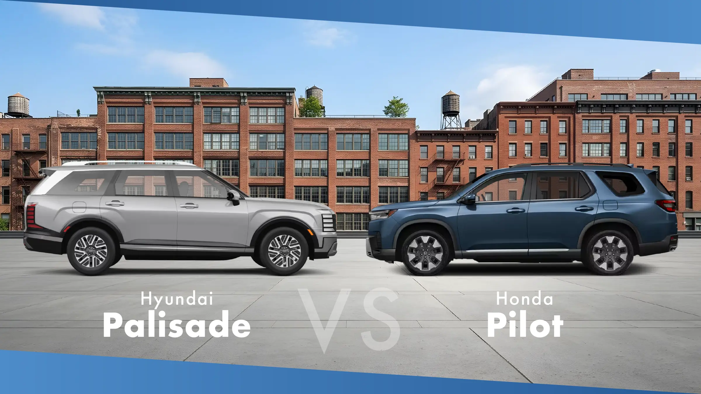 Silver Hyundai Palisade and blue Honda Pilot facing each other in front of brick warehouse buildings
