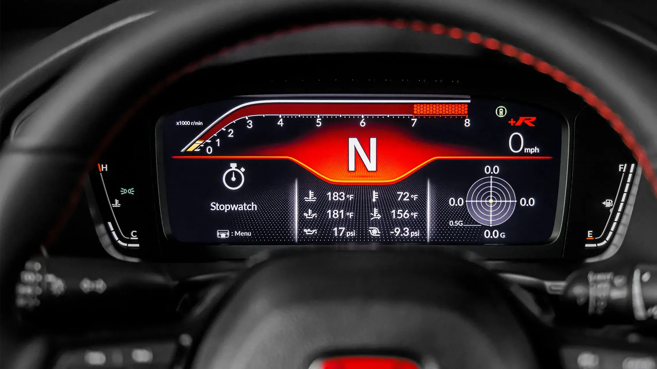 Honda Civic Type R digital instrument cluster showing the +R mode performance display