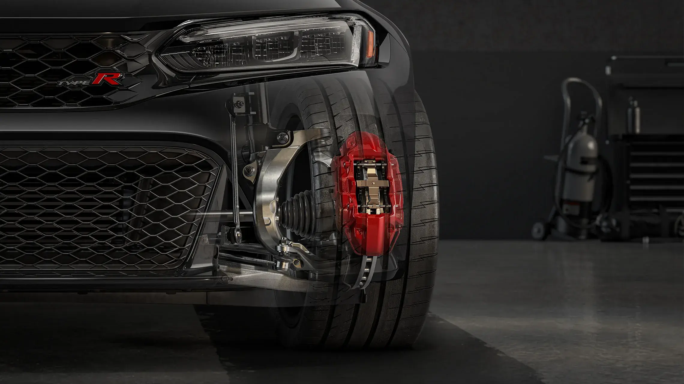 Honda Civic Type R dual-axis strut front suspension detail that reduces torque steer