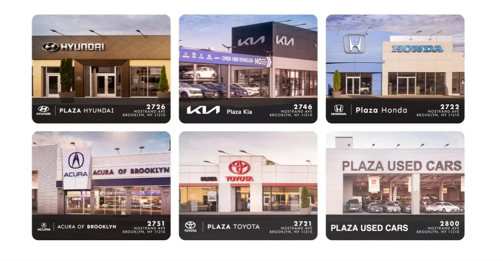 Plaza Auto Mall dealership block on Nostrand Avenue in Brooklyn with Honda, Acura, Toyota, Kia and Hyundai showrooms
