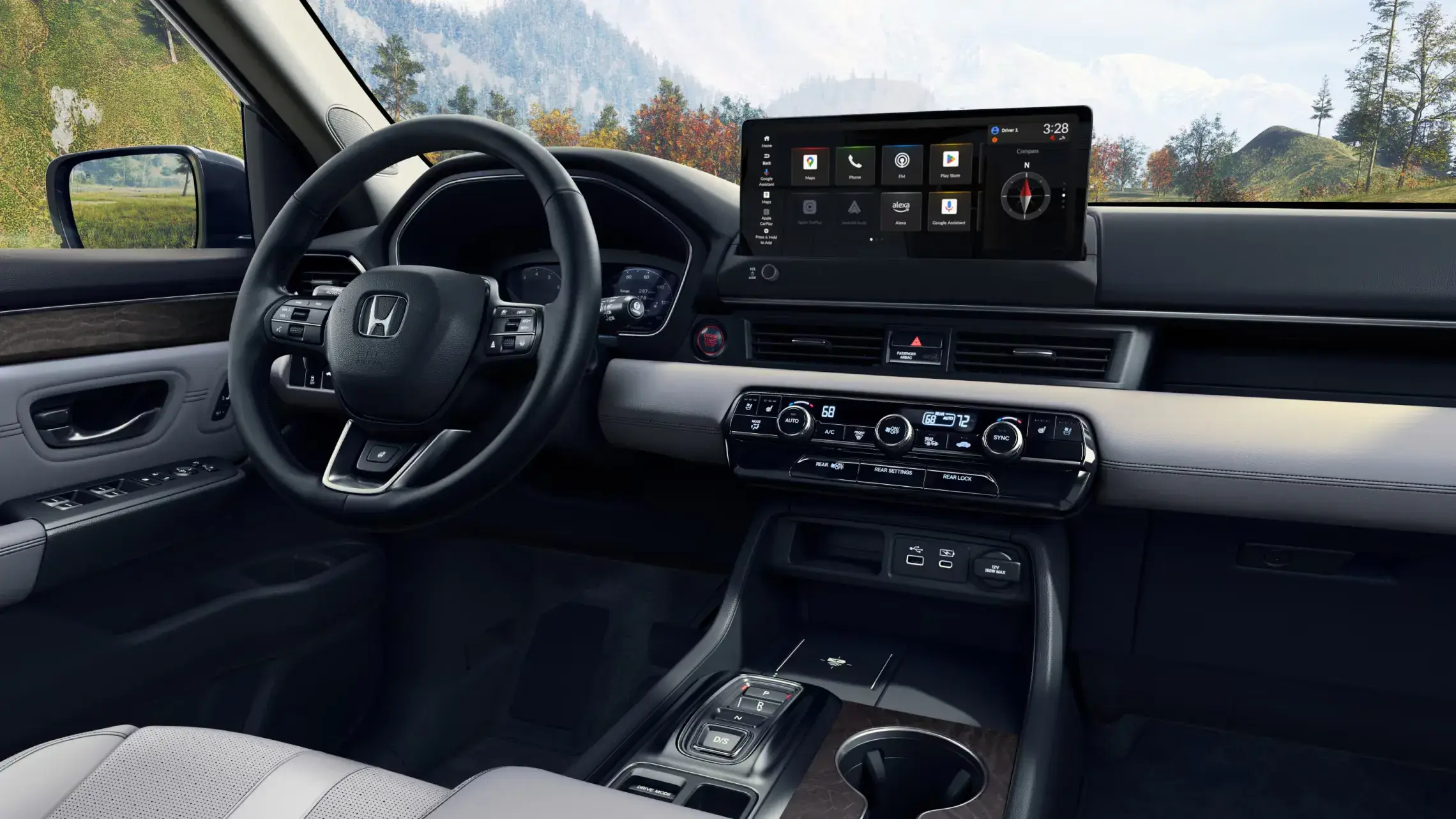 2027 Honda Pilot technology overview showing driver display, wireless charging and connected features