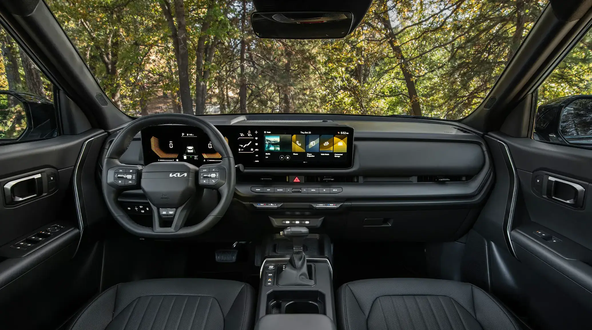 Interior of the 2027 Kia Seltos showing the wide horizontal dashboard layout and open center console